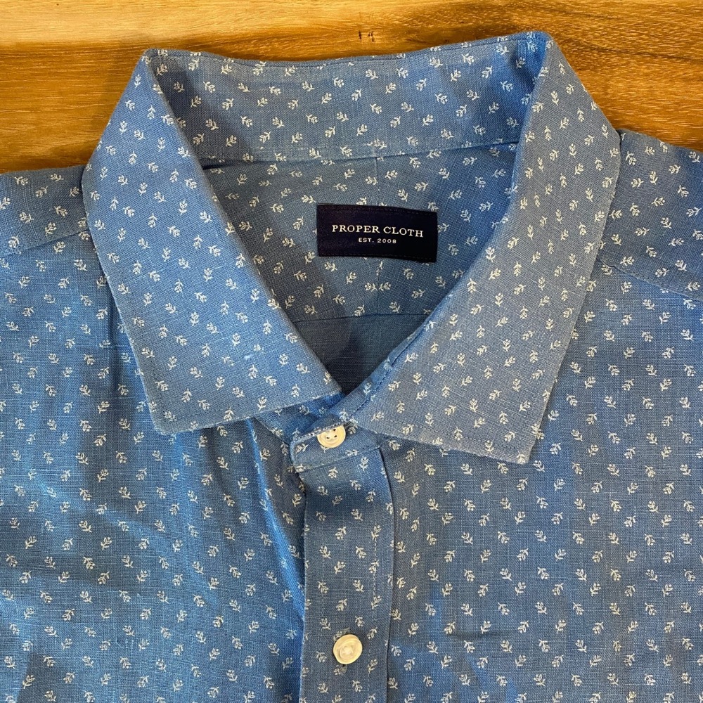 Proper Cloth Shirt Mens 18.5-34.5 Blue Floral Print 100% Linen Button Up Shirt